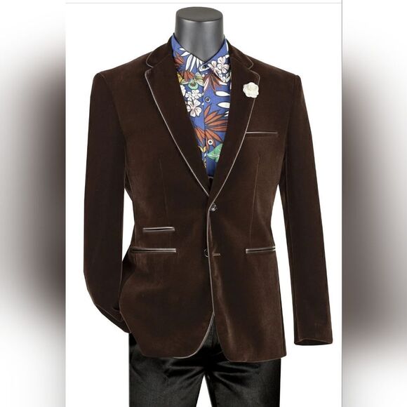 MEN'S VINCI SINGLE BREAST BROWN VELVET SLIMFIT SPT. COAT W/ FAUX LEATHER TRIM. - Picture 1 of 2